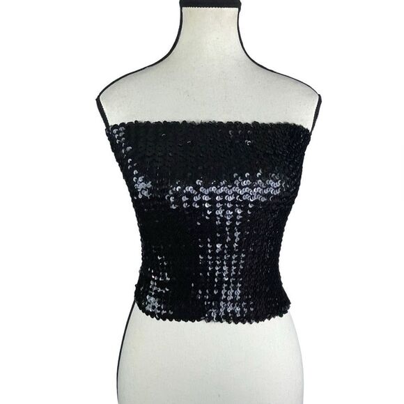 Sequined black cropped tube top sparkly bing look sz S has lots of stretch - Picture 1 of 7